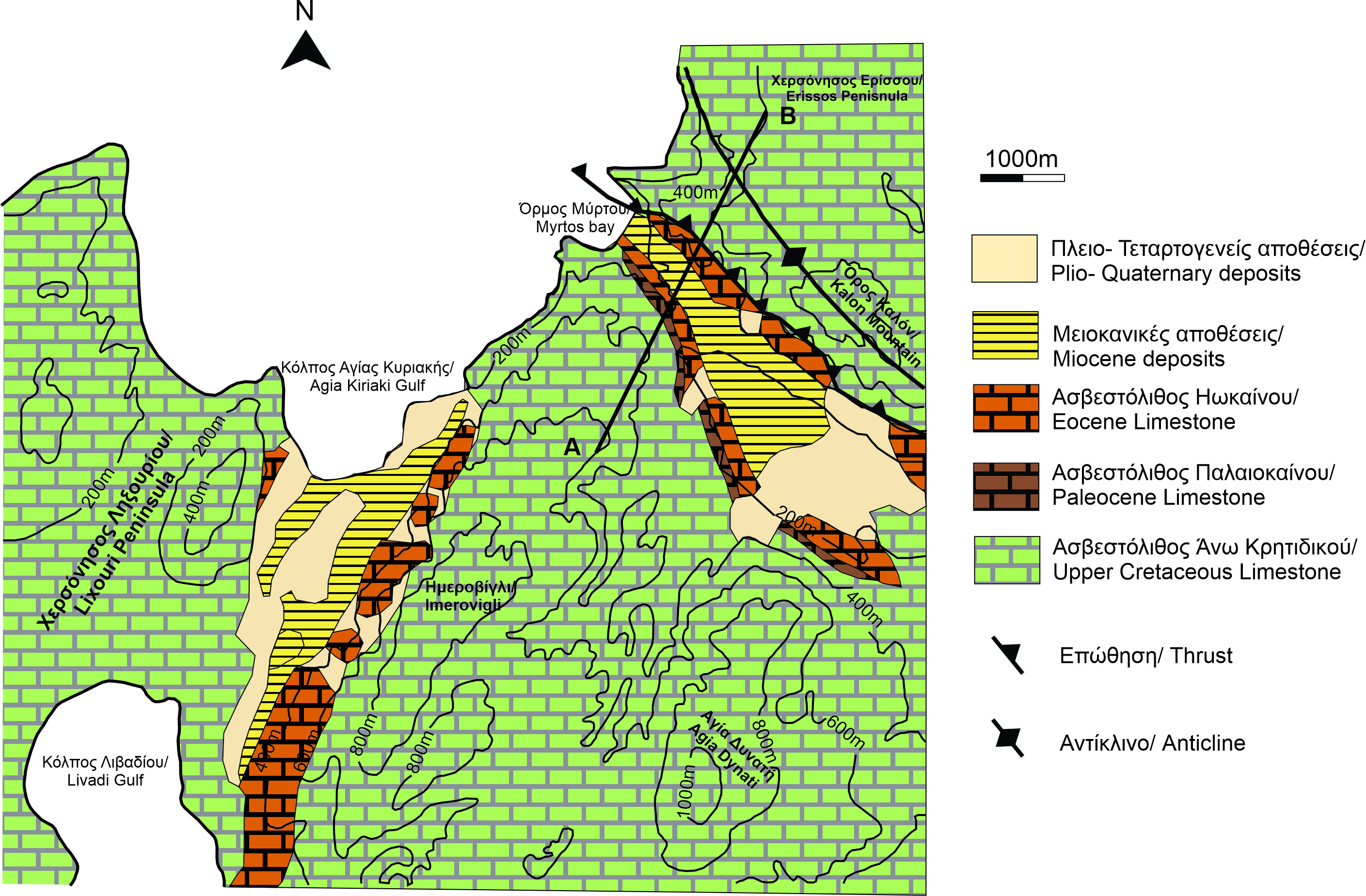 Απλοποιημένος γεωλογικός χάρτης της ευρύτερης περιοχής του όρμου του Μύρτου 
