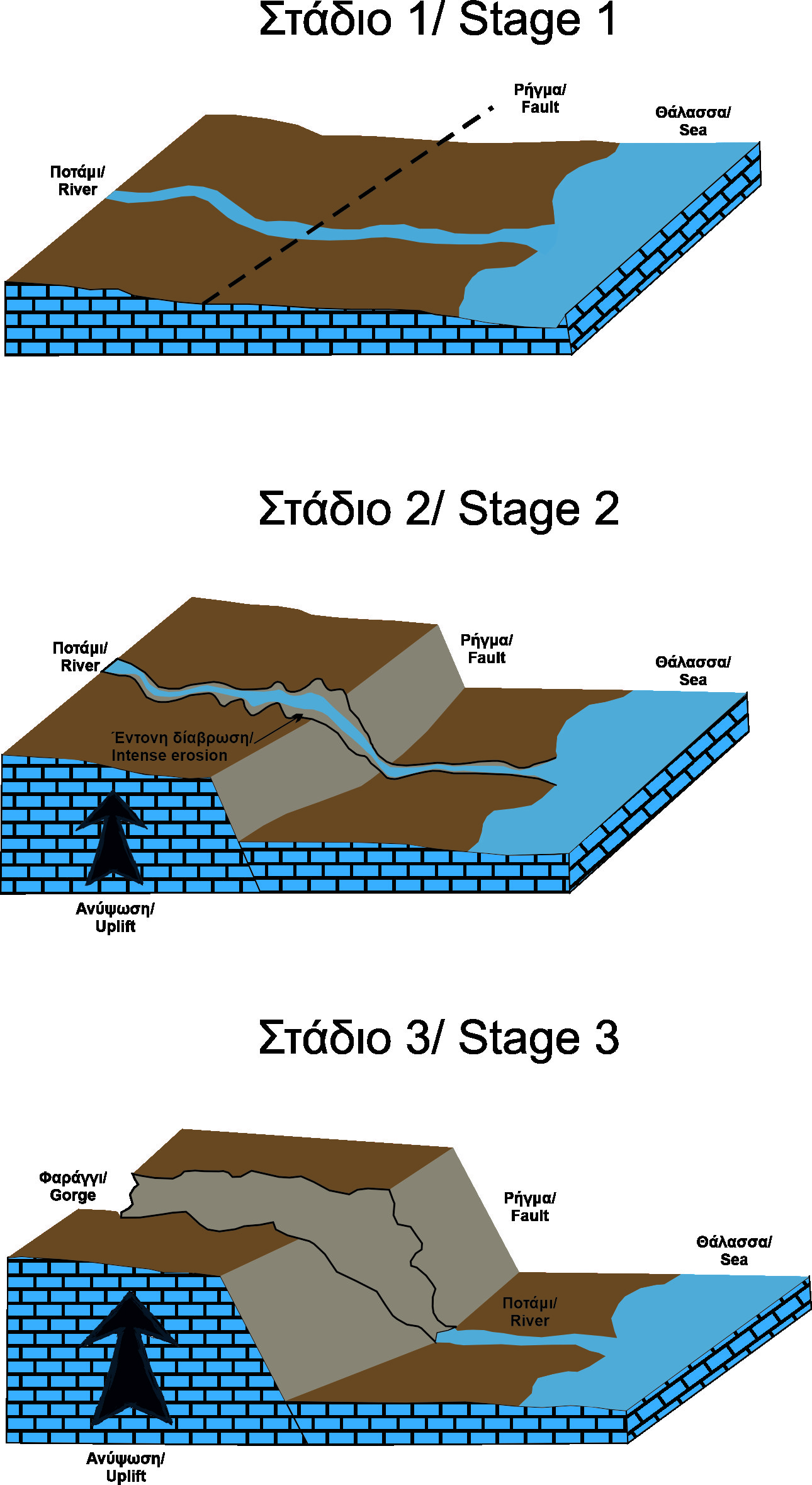 Σχηματική απεικόνιση των σταδίων σχηματισμού του Φαραγγιού του Πόρου